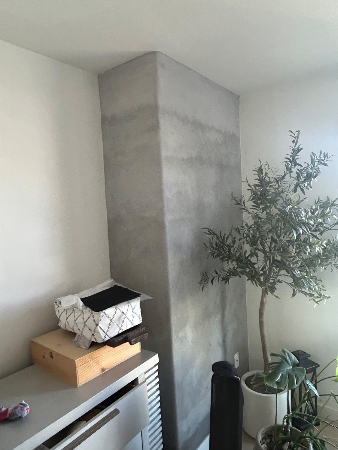 Gray textured interior column beside a plant and console